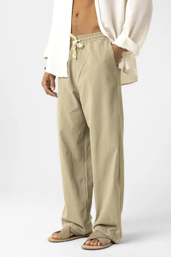 Bel Lastikli Baggy Fit Keten Pantolon Açık Haki