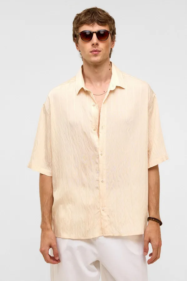 Oversize Striped Short-Sleeved Modal Fabric Shirt, Beige
