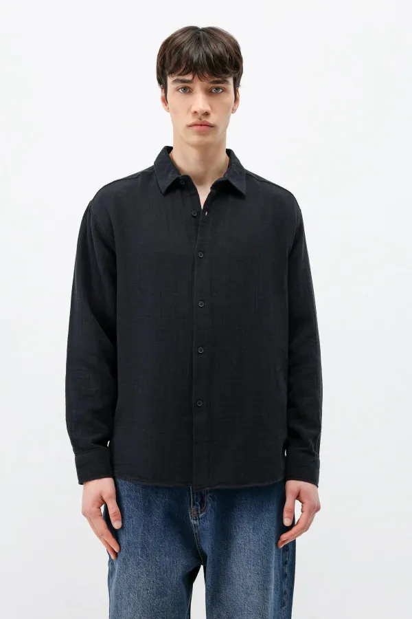 Dokulu Pamuklu Oversize Gömlek Siyah
