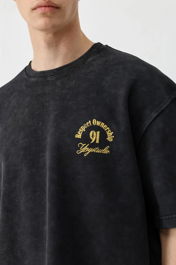 Kısa Kollu Boxy Fit Baskılı Tişört Siyah