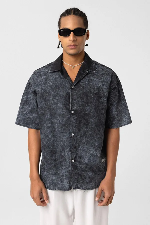 Yıkamalı Yazı Baskılı Oversize Kısa Kol Gömlek Siyah