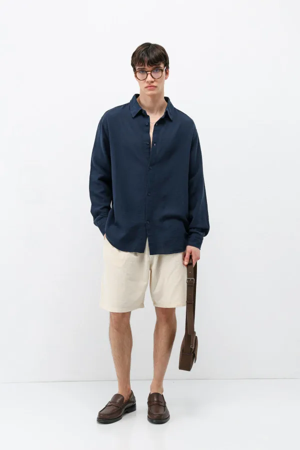 Uzun Kollu Basic Oversize Gömlek Lacivert