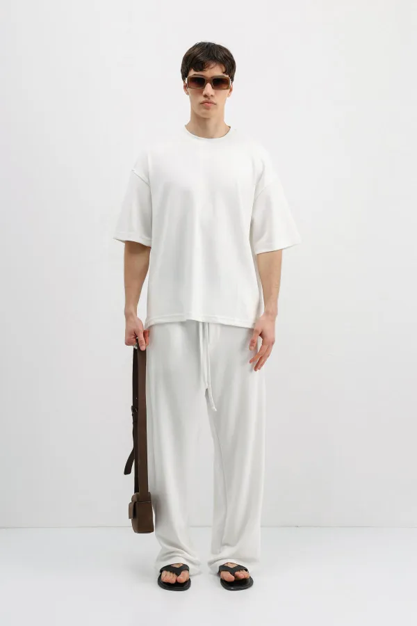 Fitilli Dokulu Baggy Eşofman Alt Ekru