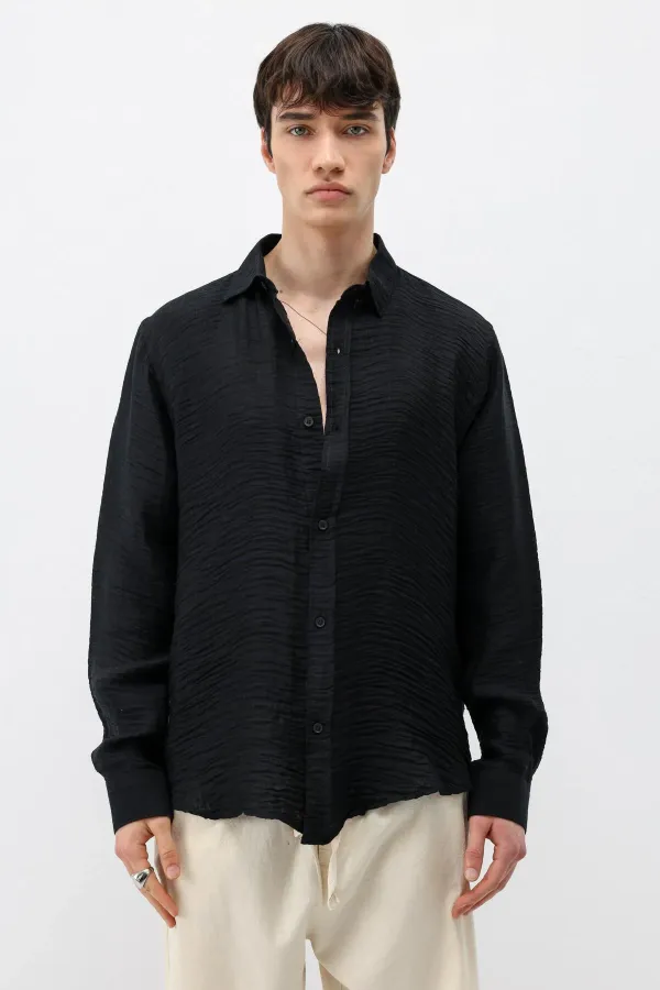 Dokulu Oversize Gömlek Siyah