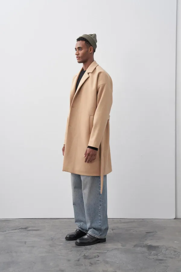 Kemerli Oversize Kaşe Kaban Vizon