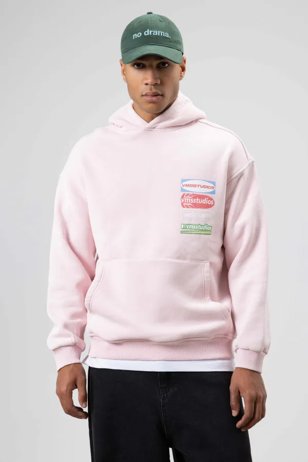 Oversize Washed Print Hooded Sweatshirt Pink