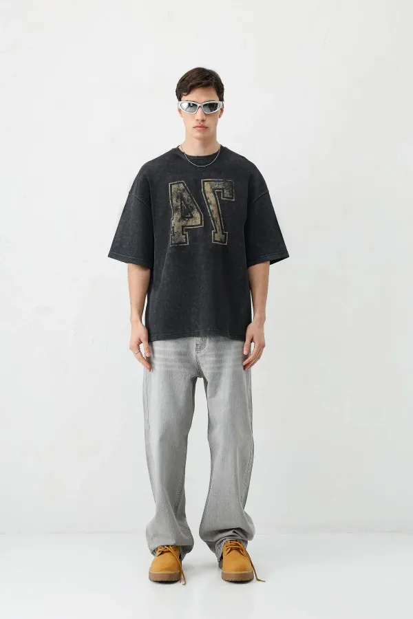 Yıkamalı Baskılı Oversize Tişört Siyah