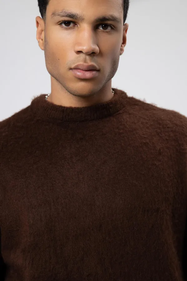 Oversize Yumuşak Dokulu Bisiklet Yaka Kazak Kahve