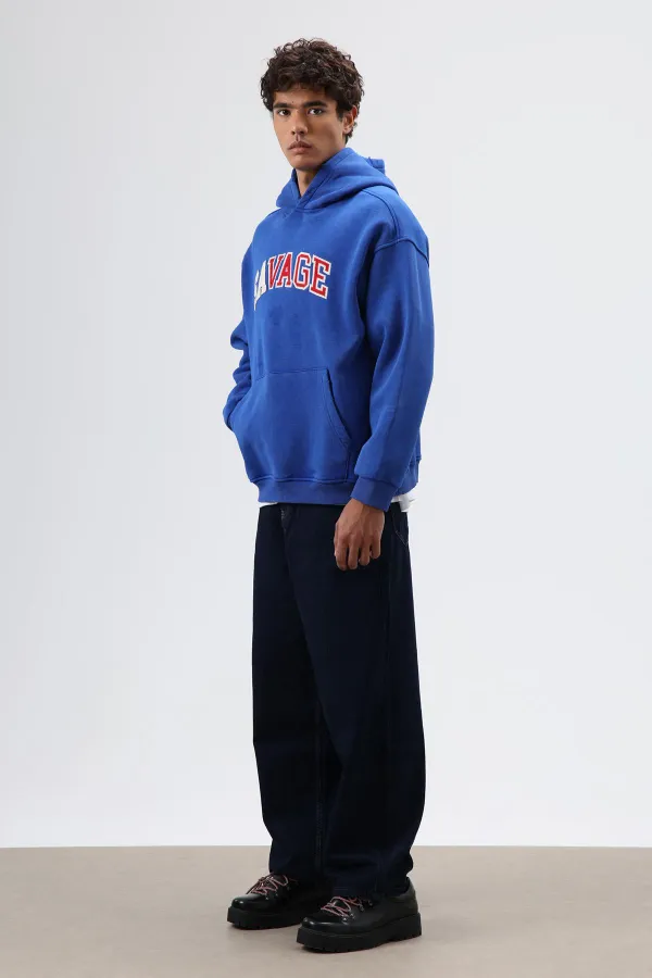 Oversize Baskılı Kapüşonlu Sweatshirt Saks