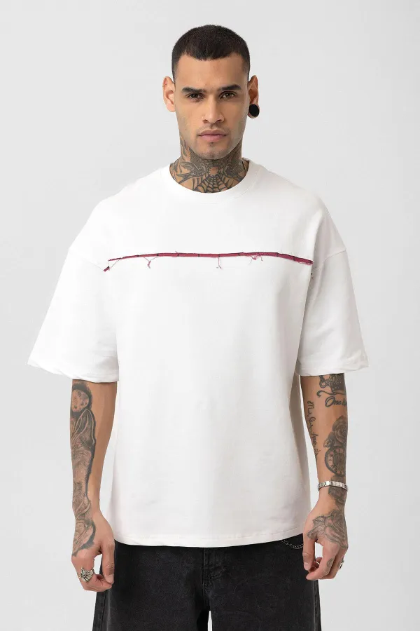 Yıkamalı Arka Baskılı Oversize Tişört Ekru
