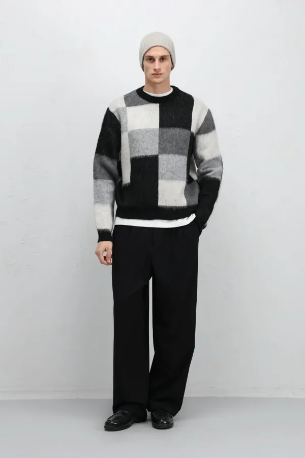 Pull oversize à carreaux en maille, noir