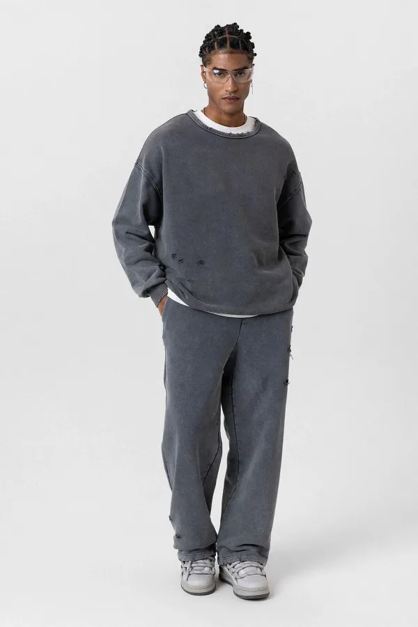 Premıum Yıkamalı Yırtık Detaylı Oversize Eşofman Takım Siyah