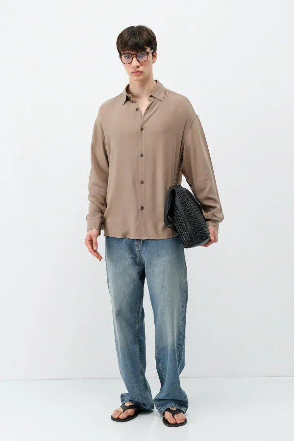 Lightly Textured Oversize Shirt, Mink