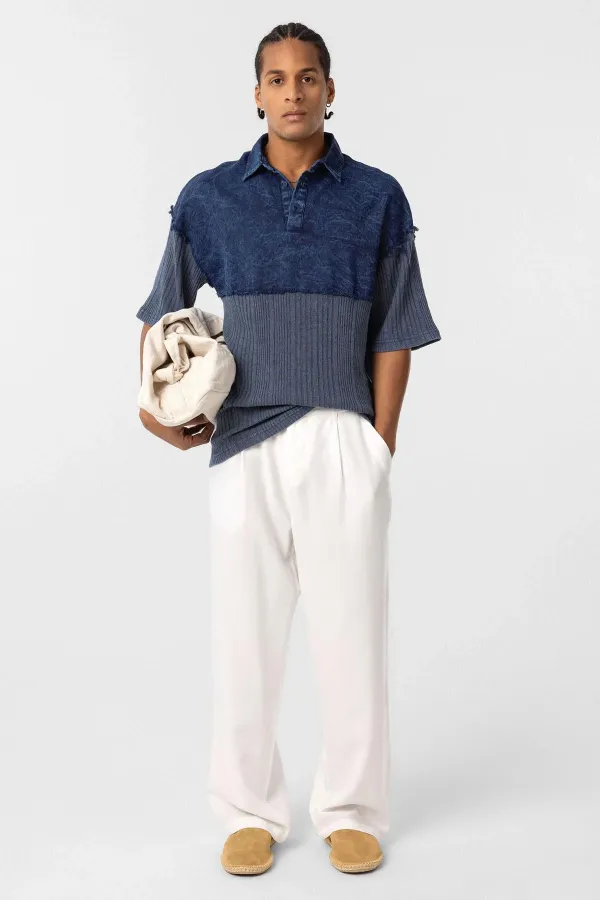 Yıkamalı Oversize Polo Yaka Tişört İndigo