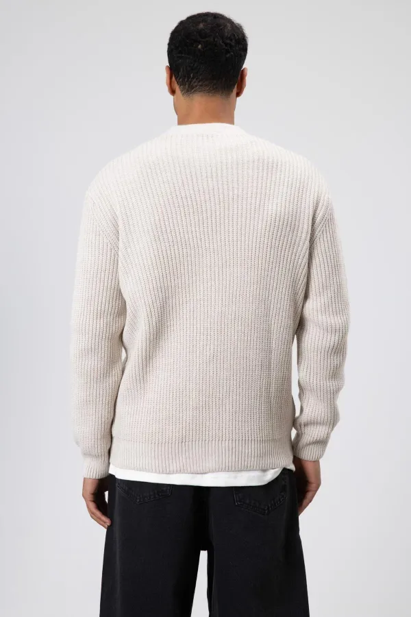 V Yaka Düğmeli Örgü Hırka Kazak Açık Taş