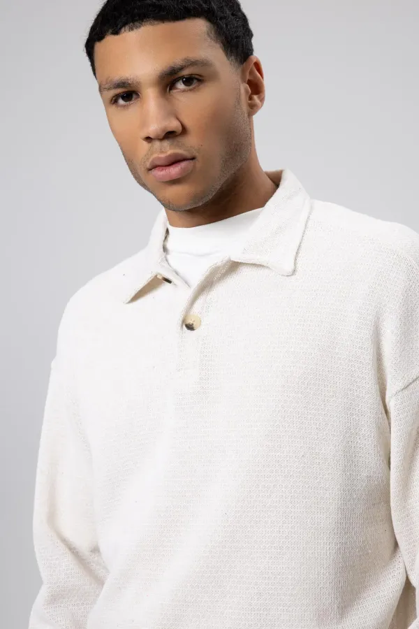 Oversize Polo Yaka Triko Kazak Ekru