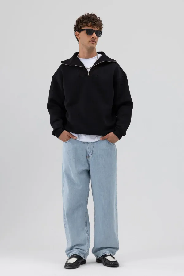 Sweat-shirt noir basique à fermeture éclair et col montant