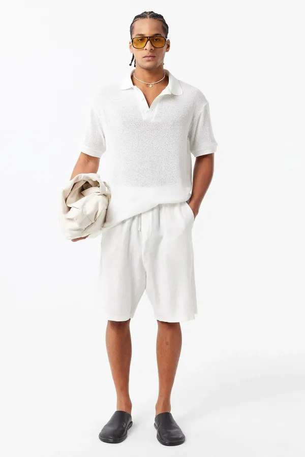 Polo Yaka Triko Oversize Tişört Ekru