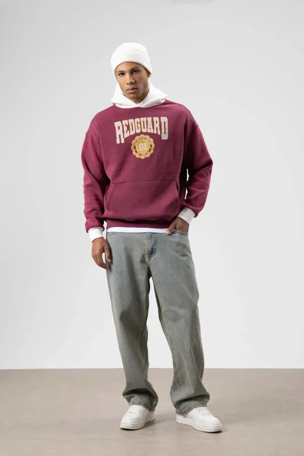Oversize Printed Hooded Sweatshirt Burgundy