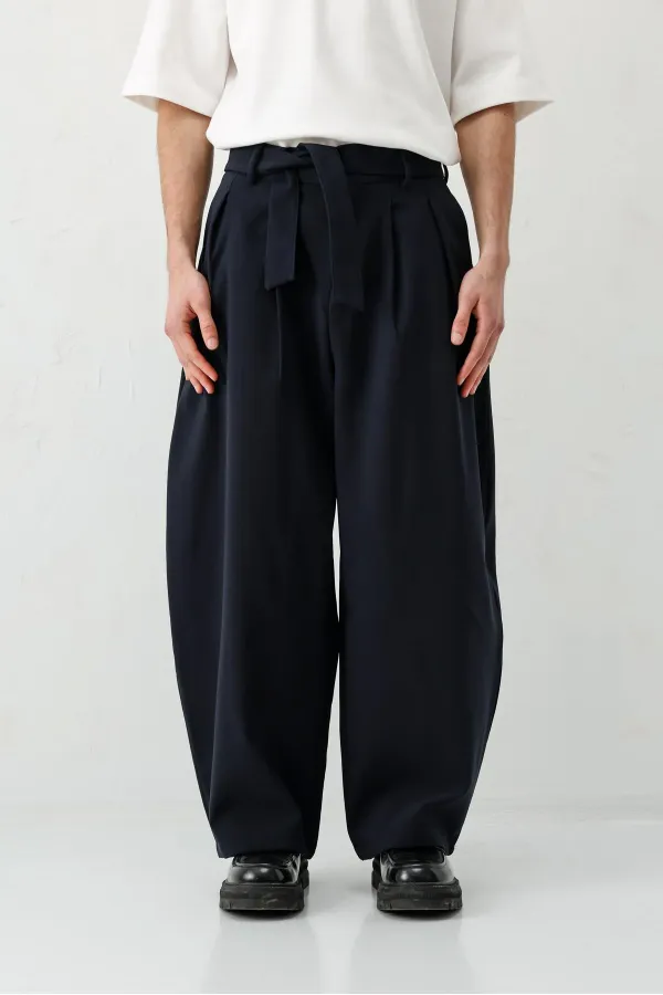 Barrel Fit Tailored Fit Kemerli Pantolon Lacivert