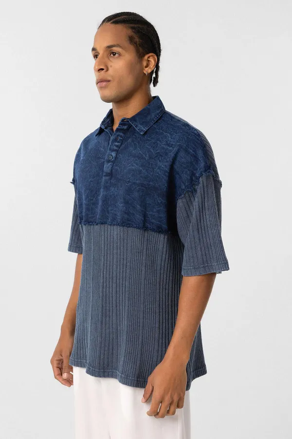 Yıkamalı Oversize Polo Yaka Tişört İndigo