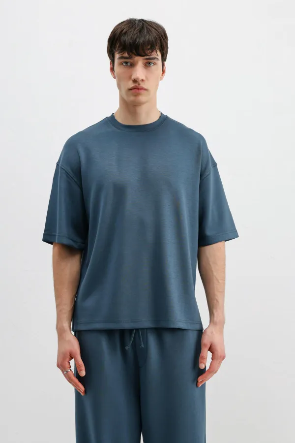 Modal Karışımlı Oversize Tişört İndigo