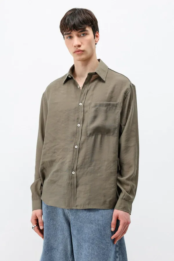 Modal Fabric Oversize Shirt with Pockets, Khaki