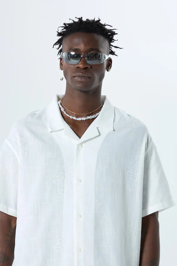 Nakış Detaylı Oversize Keten Gömlek Ekru