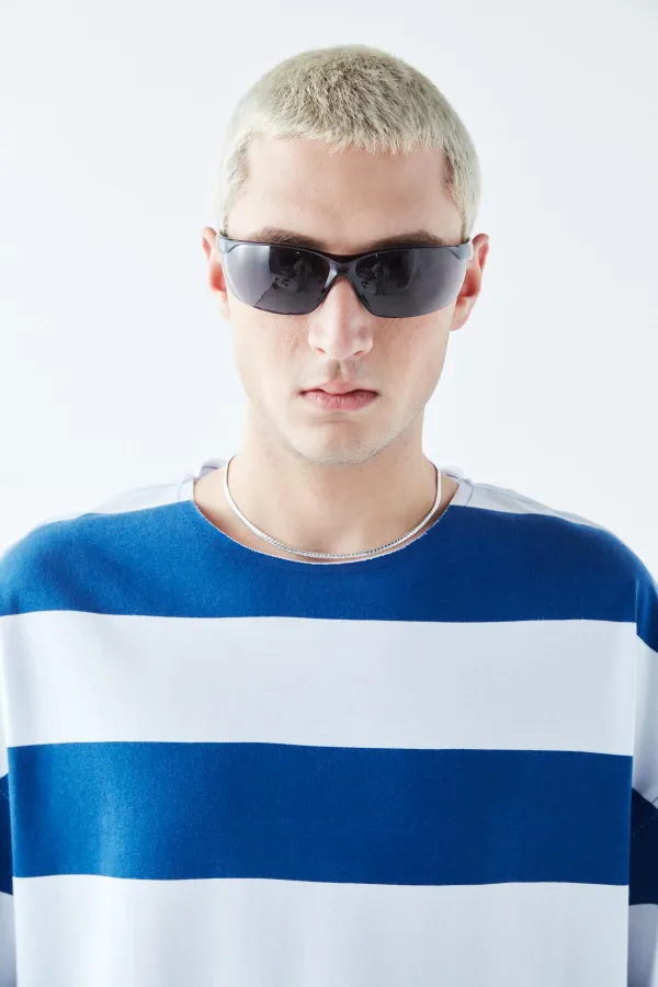 Dijital Baskılı Şeritli %100 Pamuk Oversize Tişört Saks