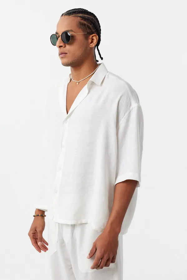 Oversize Short Sleeve Modal Fabric Shirt, Ecru