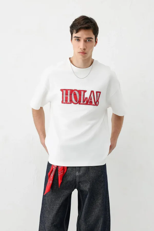 Yıkamalı Baskılı Oversize Tişört Ekru