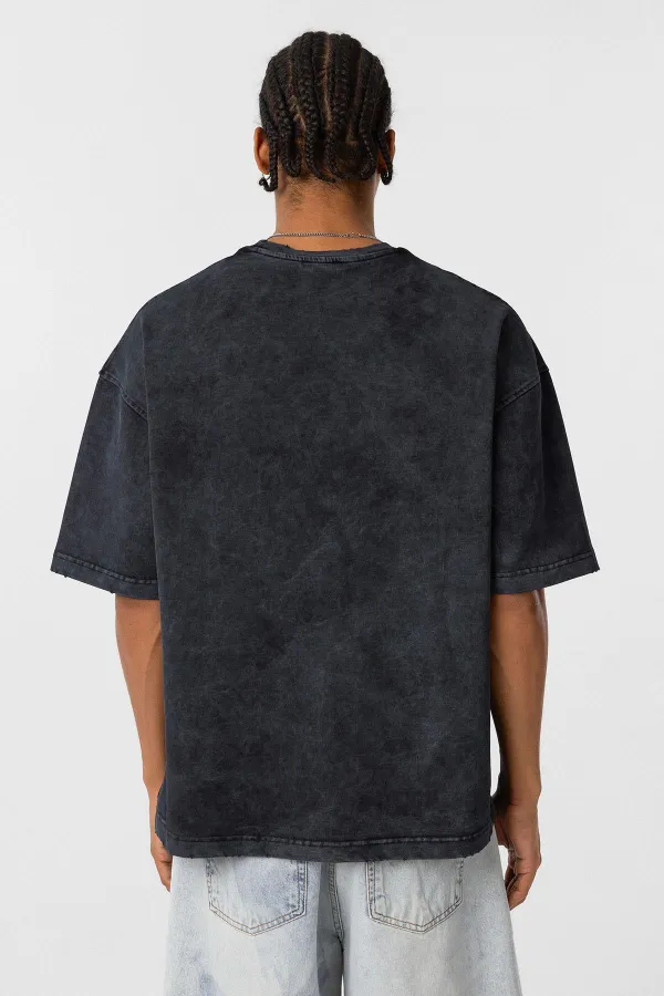 Yıkamalı Oversize Baskılı Tişört Siyah