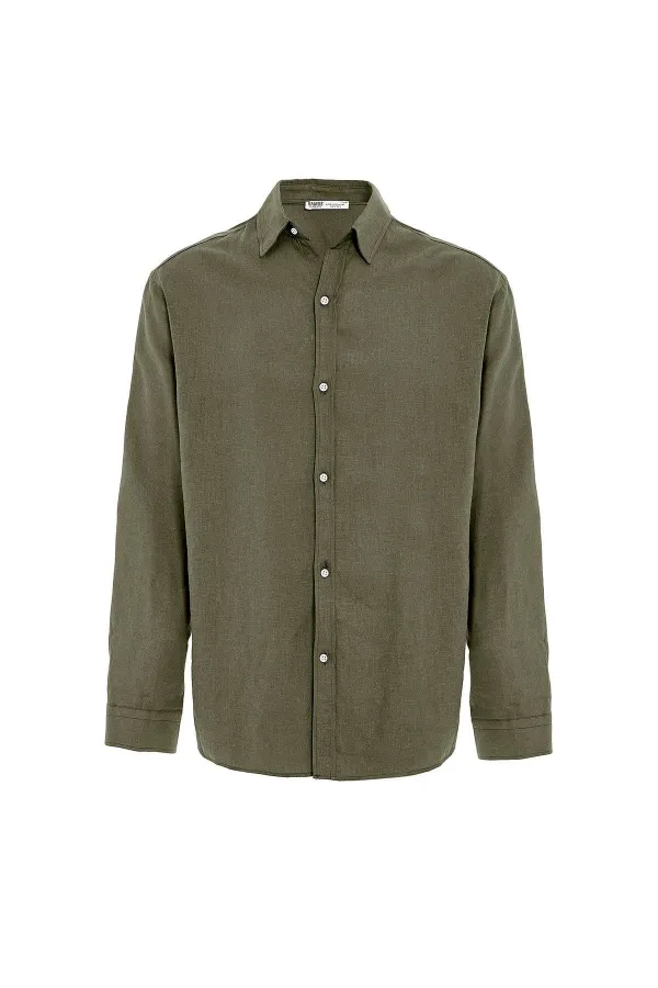 Basic Oversize Uzun Kollu Keten Gömlek Haki