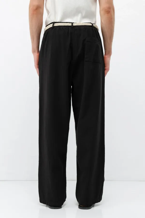 Kemer Detaylı Oversize Keten Pantolon Siyah