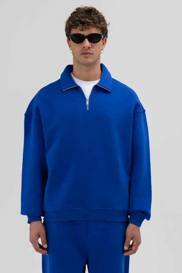 Oversize Fermuarlı Dik Yaka Sweatshirt Saks