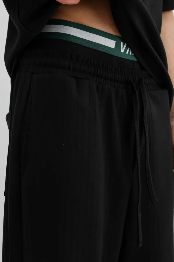 Fitilli Dokulu Baggy Eşofman Alt Siyah