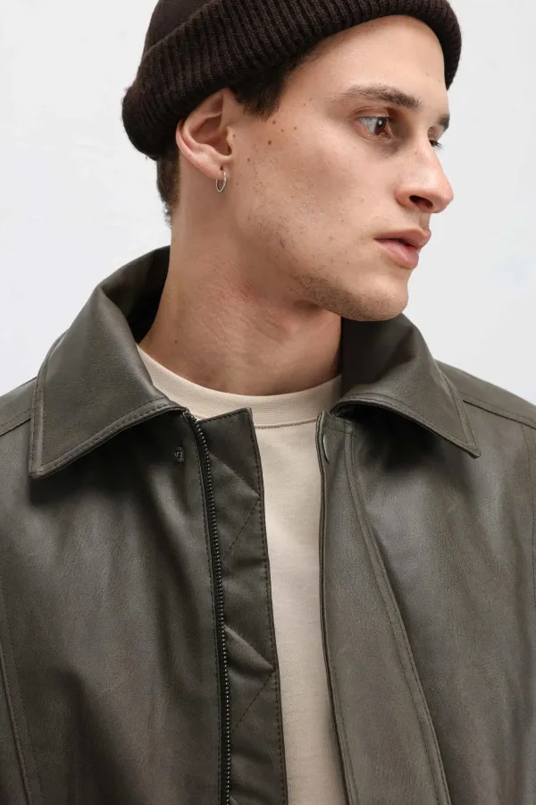 Blouson aviateur oversize en cuir kaki