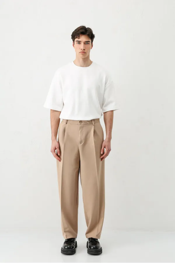 Baggy Fit Pleated Trousers Beige