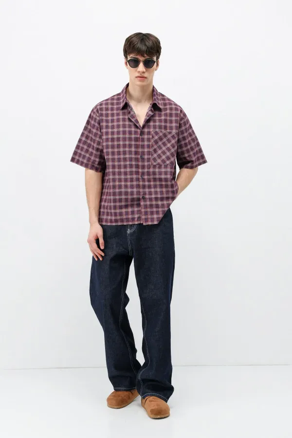 Checked Short-Sleeved Oversize Shirt, Burgundy