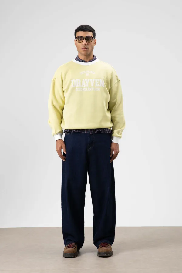 Oversize Bisiklet Yaka Baskılı Sweatshirt Sarı