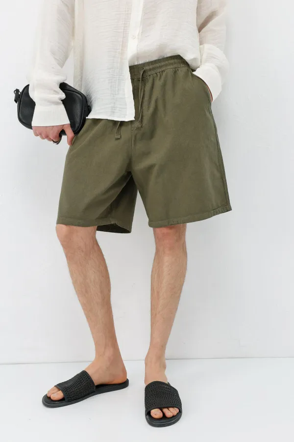 Oversize Keten Şort Haki