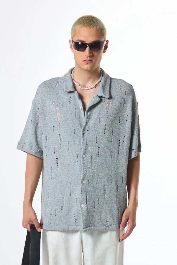 Oversize Deliklı Triko Gömlek Gri