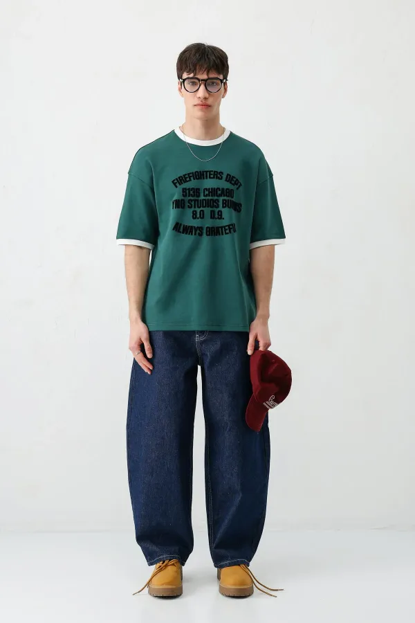 Baskılı Bisiklet Yaka Oversize Tişört Nefti