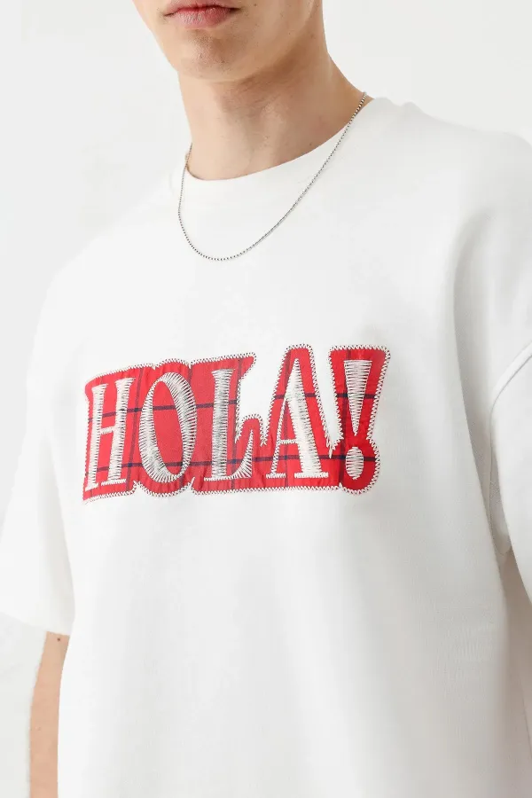 Yıkamalı Baskılı Oversize Tişört Ekru