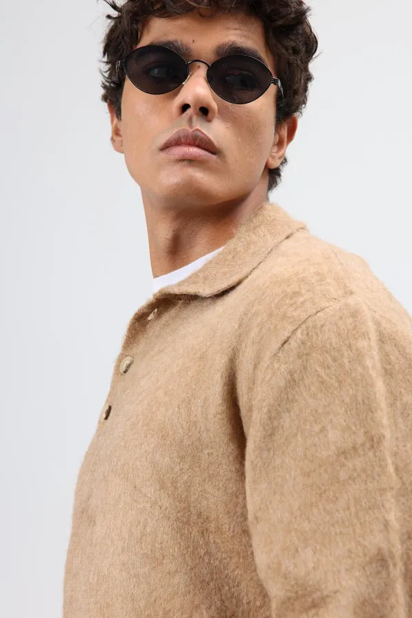 Pull en maille douce texturée beige à col polo