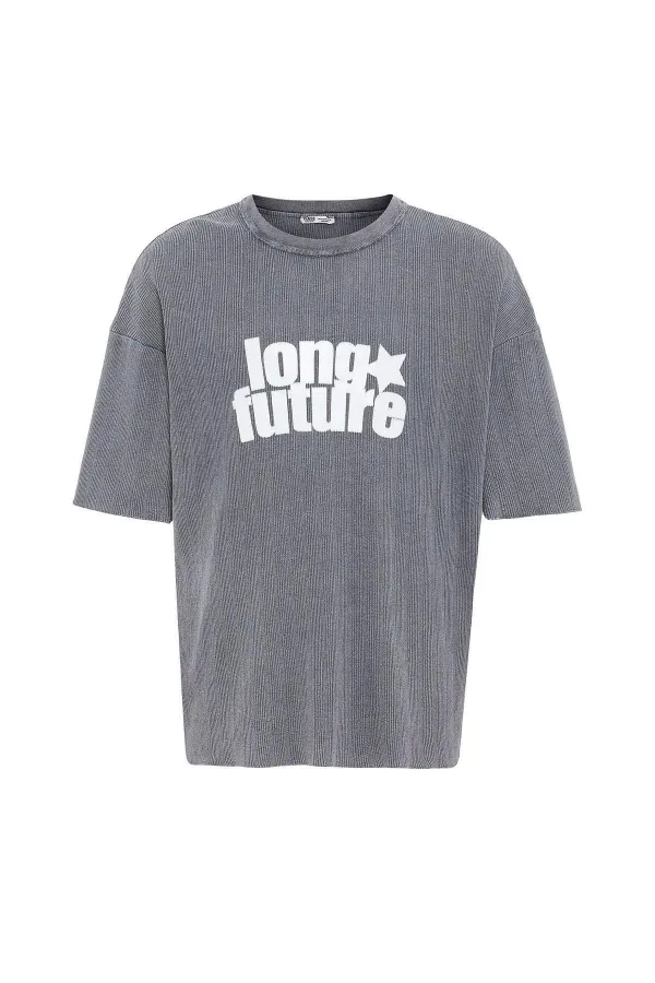 Yıkamalı Oversize Triko Tişört Gri