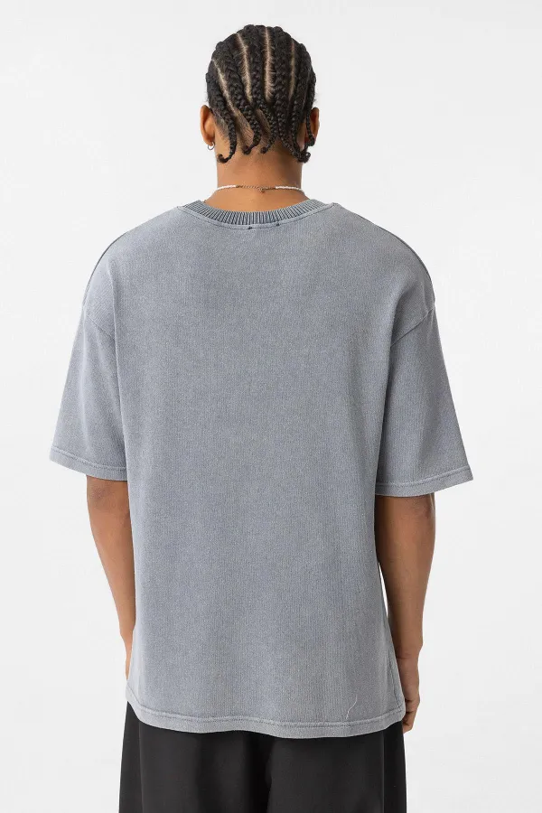 Yıkamalı Oversize Baskılı Tişört Gri