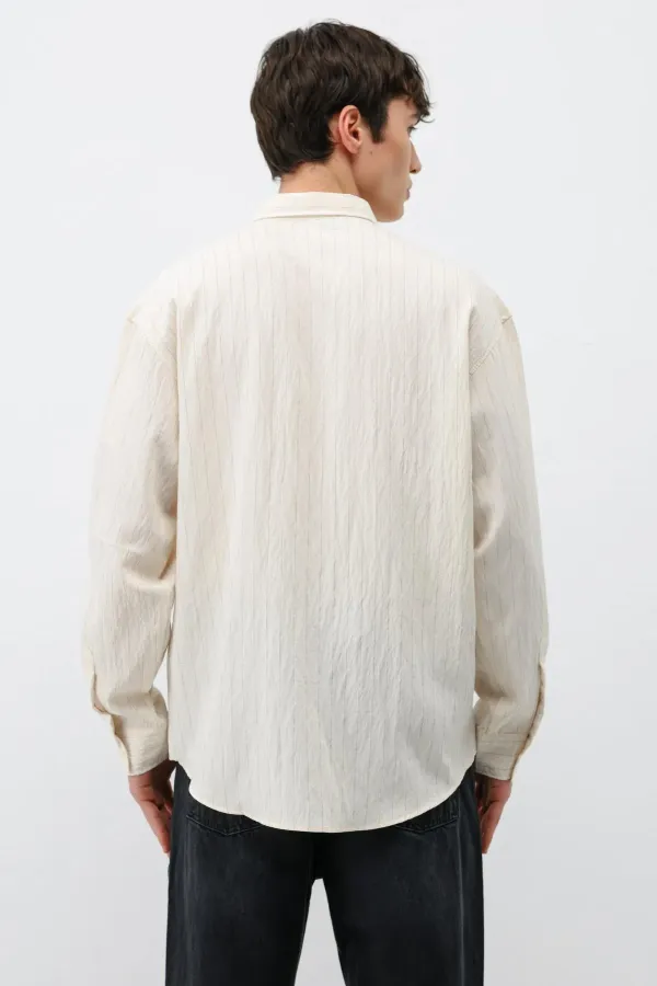 Çizgili Oversize Gömlek Krem