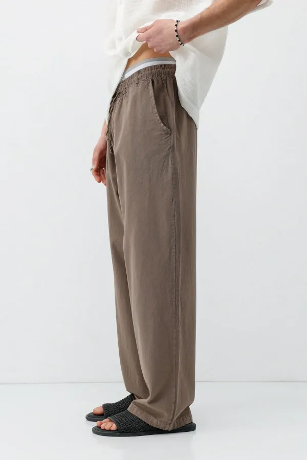 Bel Lastikli Baggy Fit Keten Pantolon Açık Kahve