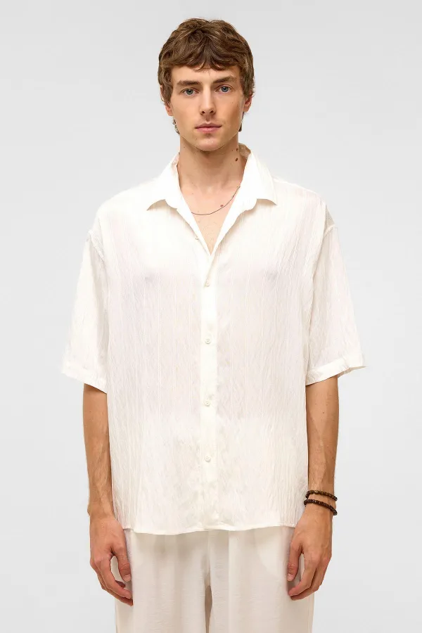 Oversize Striped Short-Sleeved Modal Fabric Shirt, White